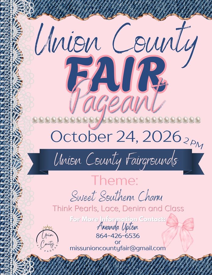 The 2026 pageant flyer: navy and blush lettering on a denim and lace background, announcing October 24, 2026 at 2 PM.
